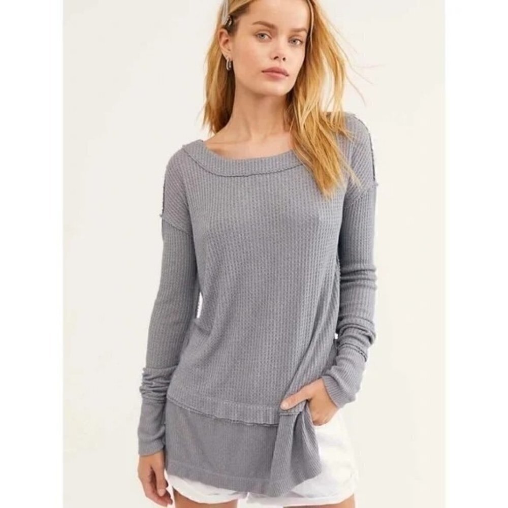 Free People We the Free North Shore Light Gray Thermal Knit Long Sleeve M